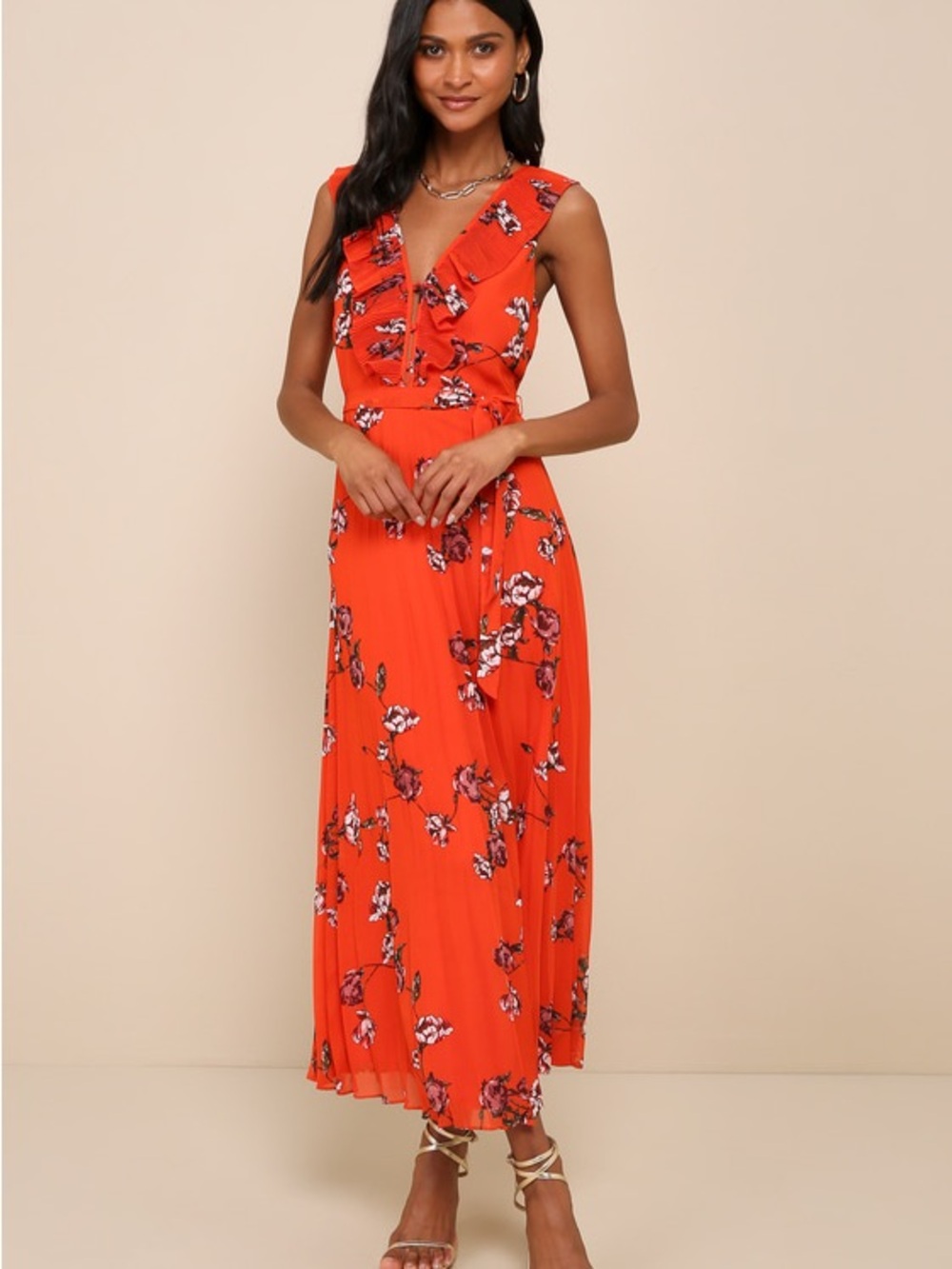 Lulus Loved By You Red Orange Floral Print Pleated Chiffon Maxi Dress